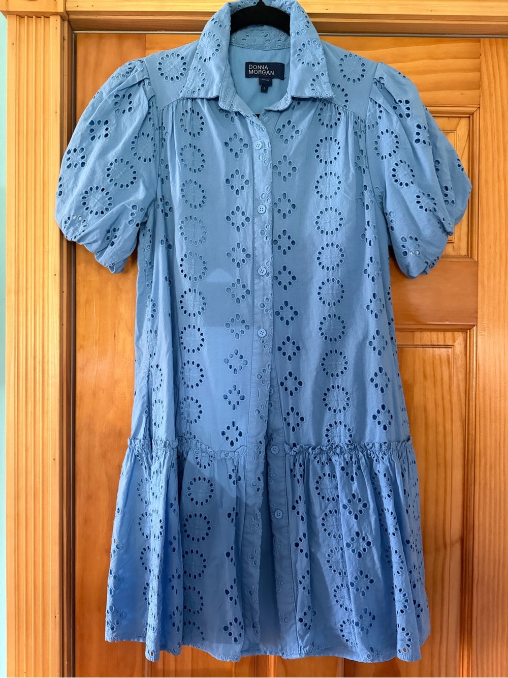 Donna Morgan Light Blue Eyelet Button-Front Dress with Puff Sleeves